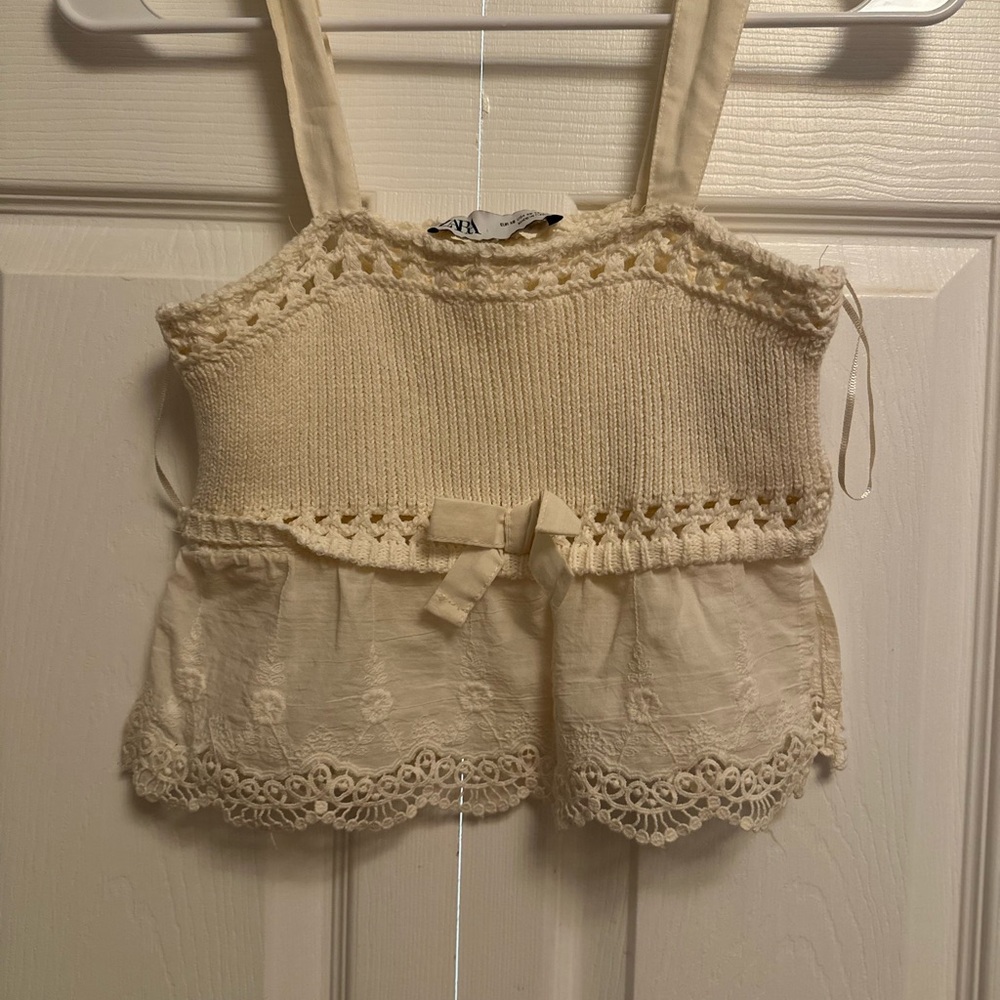 Zara Cream Knit Top with Lace Trim